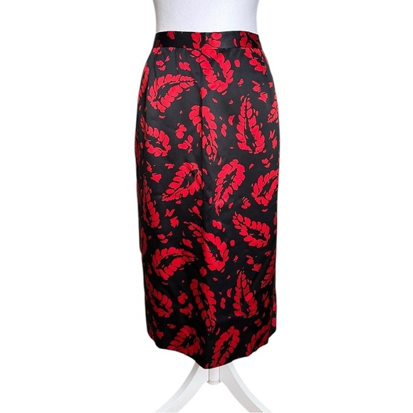 Carlisle Silk Black Red Leaf Print Midi Skirt Size 16 - Picture 1 of 17